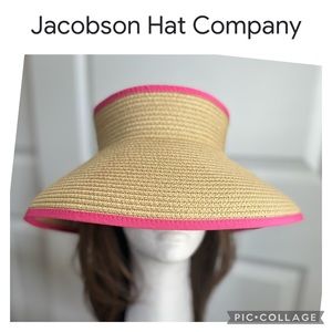 JACOBSON PACKABLE BOW SUN STRAW VISOR PINK TRIM BOW GARDENING BEACH VACATION